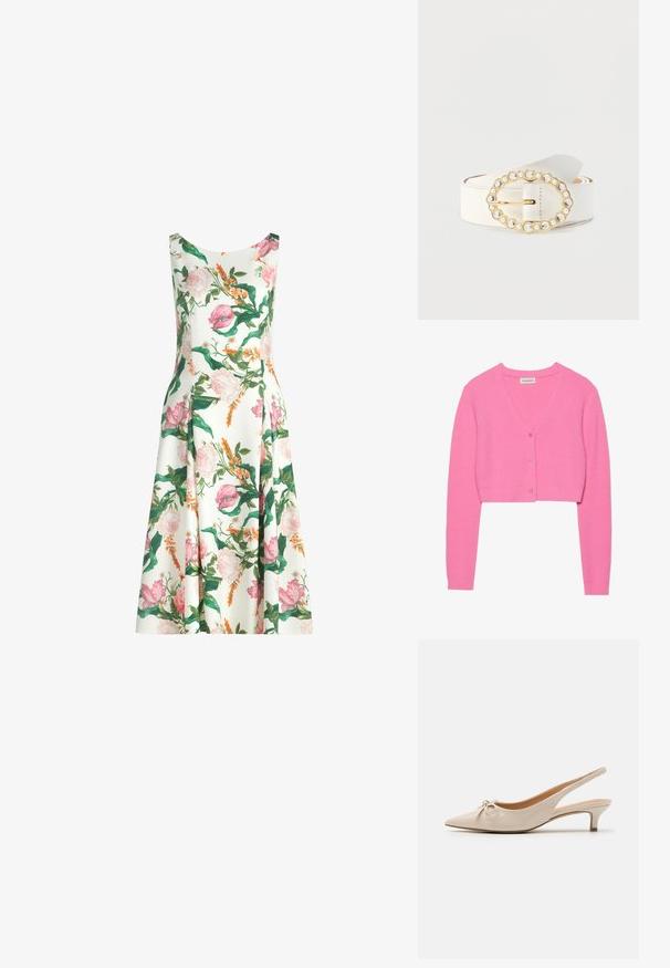Cardigan cropped rose en tricot texturé. Présente un col en V, des manches longues et cinq boutons assortis sur le devant.; Robe midi blanche sans manches avec imprimé floral rose, orange et vert et jupe légèrement évasée.; Escarpins slingback en cuir verni beige avec un bout pointu et un nœud décoratif sur le devant. Comprennent un talon bas et fin ainsi qu'une texture lisse.; Ceinture en cuir blanc avec une boucle ovale en or ornée de pierres claires et de petites perles, conçue avec une finition lisse et sans motif visible.