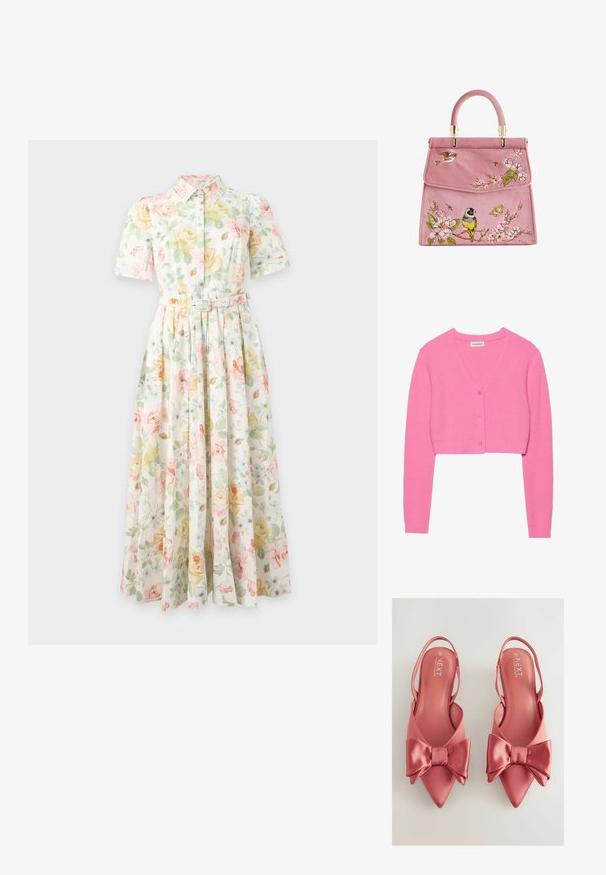 Cardigan cropped rose en tricot texturé. Présente un col en V, des manches longues et cinq boutons assortis sur le devant.; Robe midi à manches courtes, boutonnée, avec col et ceinture, présentant des motifs floraux jaune pastel, vert et rose sur fond blanc.; Chaussures à talons rose satinées avec un bout pointu et un grand nœud sur le devant. Texture lisse et design à talon ouvert.; Sac à main en daim rose avec broderie florale, ornée d'oiseaux et de papillons. Quincaillerie dorée et anse arrondie. Fermeture élégante avec rabat.