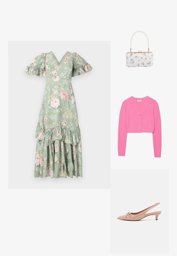 Rosa, gecropte cardigan van textuurgebreid stof. Heeft een V-hals, lange mouwen en vijf bijpassende knopen aan de voorkant.; Floral maxi-jurk in zacht groen met een V-hals, pofmouwen, ruches en een gelaagde zoom. Bevat roze rozen en kleine blauwe bloemen.; Patenter roze slingback hakken met een spitse neus, strikdetail aan de voorkant en een lage kittenhak. Glad oppervlak met een glanzende afwerking.; Witte rechthoekige clutch met blauw bloemenpatroon en een handvat van parelkralen met hardware in goudtint en een sluiting met klemsluiting.