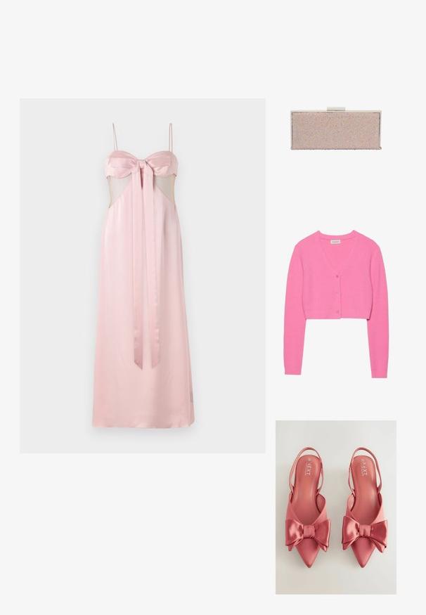 Cardigan cropped rose en tricot texturé. Présente un col en V, des manches longues et cinq boutons assortis sur le devant.; Robe en satin rose avec des bretelles fines, un détail en nœud au niveau de la poitrine et des découpes latérales transparentes. Longue au sol avec une texture lisse.; Chaussures à talons rose satinées avec un bout pointu et un grand nœud sur le devant. Texture lisse et design à talon ouvert.; Pochette métallique rose gold avec une surface lisse, ornée de perles iridescentes, de forme rectangulaire et dotée d'une fermeture à clip en argent.
