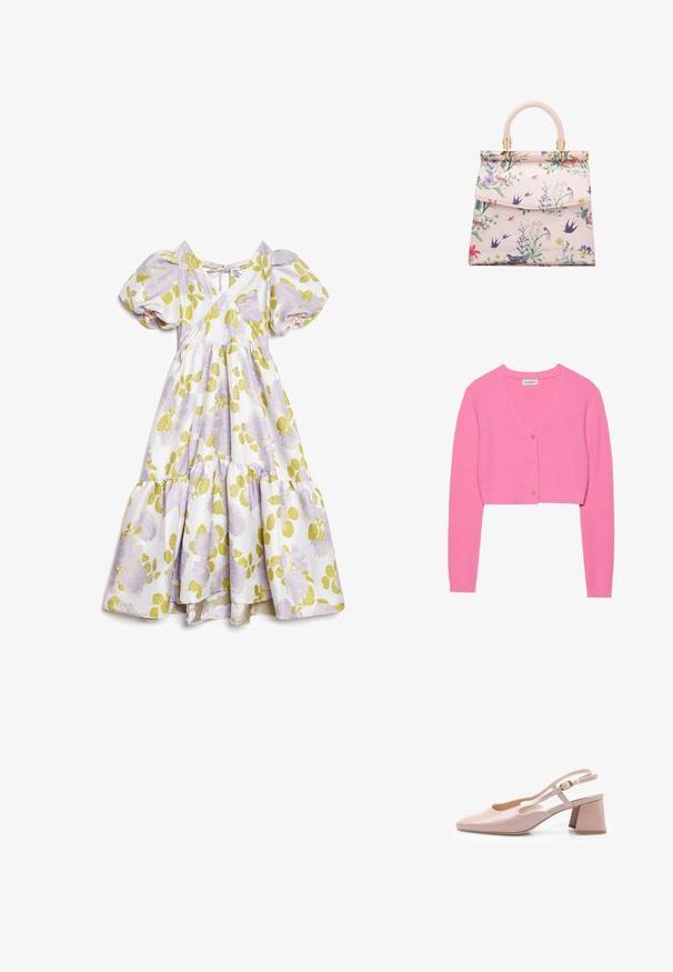 Cárdigan corto rosa hecho de tela de punto texturizada. Presenta un cuello en V, mangas largas y cinco botones a juego en la parte delantera.; Vestido midi blanco con mangas abullonadas, patrón floral púrpura, hojas verdes, escote en V y detalle de lazo trasero, con falda de volantes.; Zapato de charol rosa con talón abierto, punta cuadrada, correa ajustable y tacón cuadrado. Superficie suave y diseño minimalista.; Bolso de mano con estampado floral que presenta un exterior sintético de color rosa suave, forma estructurada, asa curva, herrajes dorados y cierre de solapa.