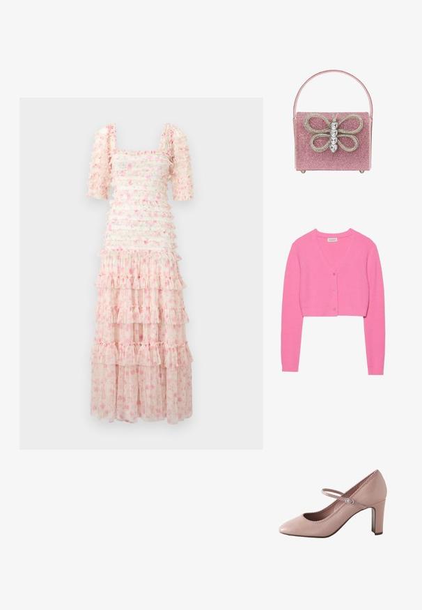 Lyserød, cropped cardigan lavet af tekstureret strikstof. Har V-udskæring, lange ærmer og fem matchende knapper foran.; Blomstret maxikjole med firkantet halsudskæring, korte puffærmer, lagdelte flæser og en lys rosa nuance med spredte blomstermønstre. Transparent stof.; Lyserød læderhøjhælet sko med rundet tå, ankelrem og bølget kant. Har en slank blokhæle for støtte.; Lyserød, glitrende taske med et fremtrædende sommerfugle-design og rhinestone-detaljer, rektangulær form og flad håndtag.