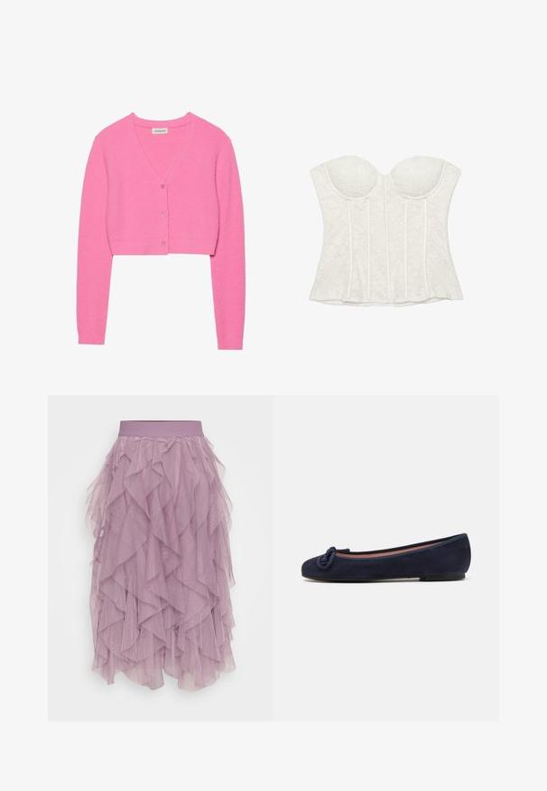 Lyserød, cropped cardigan lavet af tekstureret strikstof. Har V-udskæring, lange ærmer og fem matchende knapper foran.; Hvid stropløs blondebustier med formstøbte skåle og vertikale bærestiver.; Lilla tylskørt med lagdelte volanter, elastisk talje og en let, transparent tekstur. Designet med en tiered silhuet.; Mørkeblå ruskinds ballet flade med rund tå og knyttet detalje på tåen. Lav, fleksibel sål for komfort. Simpel og strømlinet design.