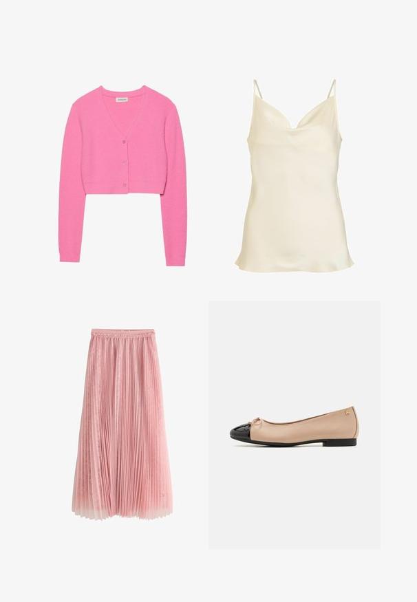 Rosa, kurz geschnittene Strickjacke aus strukturiertem Strickstoff. Mit V-Ausschnitt, langen Ärmeln und fünf passenden Knöpfen auf der Vorderseite.; Cremefarbene Satin-Camisole mit Spaghettiträgern und drapiertem Ausschnitt, glatter Textur und leicht ausgestelltem Saum.; Rosa plissierter Midirock mit einer Spitzenunterlage und einem gerafften Taillenbund, dargestellt auf einem weißen Hintergrund.; Balletschuhe mit einem beigefarbenen Satin-Obermaterial, einer schwarzen Lackleder-Zehenkappe, einer kleinen Schleifenverzierung an der Vorderseite und einem niedrigen schwarzen Absatz.