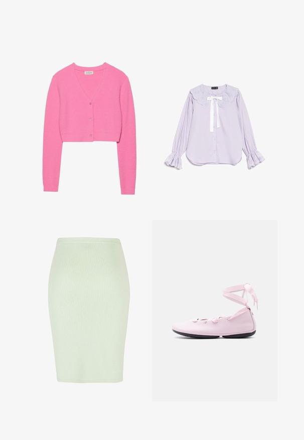 Lyserød, cropped cardigan lavet af tekstureret strikstof. Har V-udskæring, lange ærmer og fem matchende knapper foran.; Langærmet lavendelbluse med bølget blondekkrave, hvidt båndsløjfe, knaplukning foran og flæset blondekant ved ærmerne.; Strikad blyantskjørt i lys mintgrøn med lodret ribbet struktur, tætsiddende form og en glat talje. Ideelt til både afslappet og formel brug.; Lyserød ballerina i læder med sort sål og matchende lyserøde ankelsnører bundet i sløjfe.
