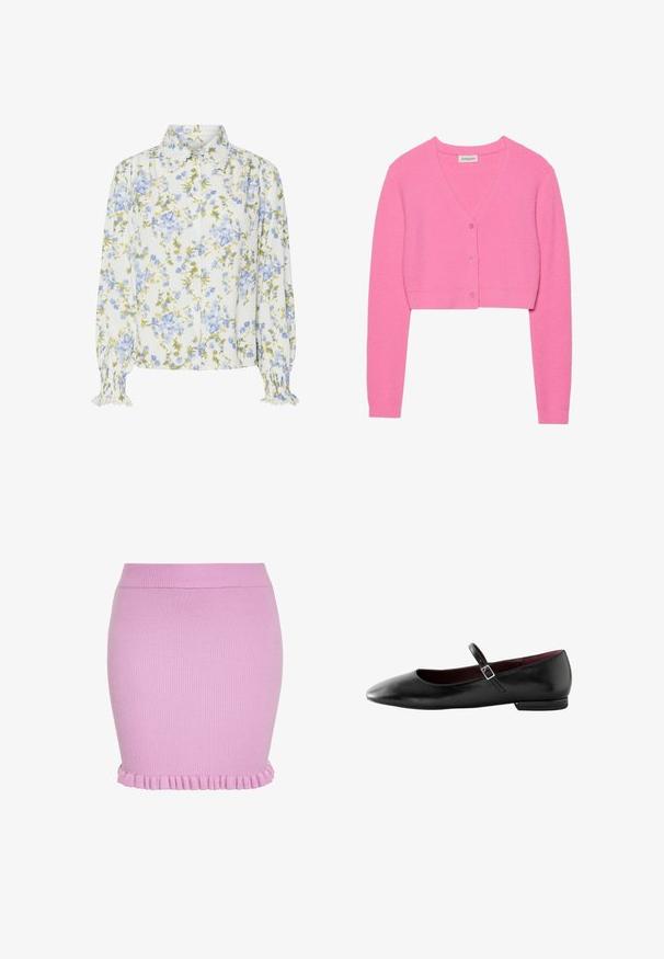 Rosa, gecropte cardigan van textuurgebreid stof. Heeft een V-hals, lange mouwen en vijf bijpassende knopen aan de voorkant.; Bloemige blouse met een witte basis, voorzien van blauwe en groene bloemen. Met kraag, knoopsluiting aan de voorkant en gerimpelde mouwen. Lange mouwen.; Gebreide roze minirok met geribbelde textuur en gerimpelde zoom, aansluitende stijl met elastische tailleband.; Zwarte leren platte Mary Jane schoen met een klein gespje en puntige neus.