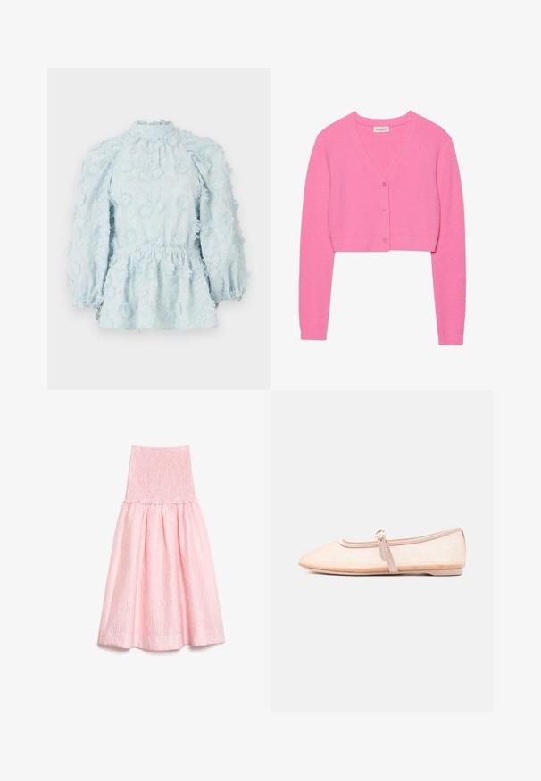 Rosa, gecropte cardigan van textuurgebreid stof. Heeft een V-hals, lange mouwen en vijf bijpassende knopen aan de voorkant.; Lichtblauwe blouse met bloemenborduurwerk, gathering in de taille, hoge hals en pofmouwen, gemaakt van een textuurstof.; Lichtroze midi-rok van gestructureerde stof, met een geplooide hoge taille en geplooide uitlopende zoom.; Licht beige platte schoen met een puntige neus en een enkele gesp aan de zijkant, weergegeven op een effen witte achtergrond.