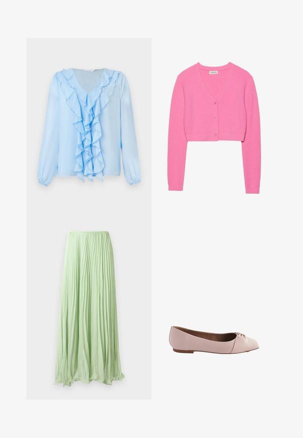 Cárdigan corto rosa hecho de tela de punto texturizada. Presenta un cuello en V, mangas largas y cinco botones a juego en la parte delantera.; Blusa azul claro con escote en V y detalle de volantes en el frontal. Las mangas largas tienen puños elásticos, y la tela parece suave y ligera.; Falda larga plisada verde claro con tela fluida y cinturilla elástica, exhibida contra un fondo blanco.; Zapato de ballet en color rosa claro, hecho de un material suave, con punta redonda y un pequeño detalle en forma de nudo en la parte superior. Suela plana.