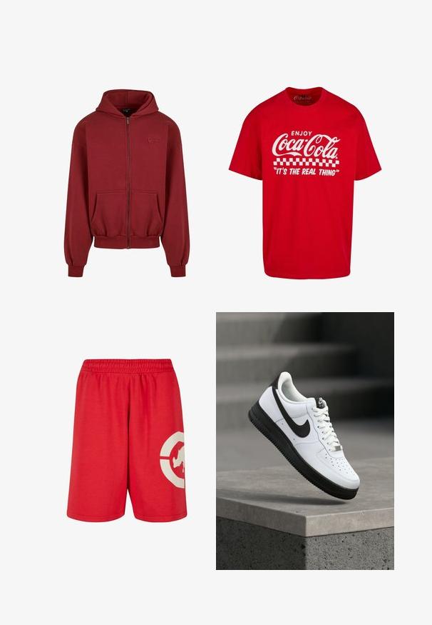 Sudadera roja con cremallera, hecha de tela suave, que cuenta con una gran capucha, bolsillos frontales, puños acanalados y un logo discreto en el pecho.; Camiseta de algodón roja con mangas cortas que presenta el logo en blanco de "Coca-Cola" y el texto "ENJOY" arriba, con un patrón de tablero de ajedrez y "IT'S THE REAL THING."; Pantalones cortos de algodón rojos con una cinturilla elástica, que presentan un gran diseño gráfico blanco en la pierna izquierda y una textura suave.; Zapatilla deportiva de cuero blanco con detalles en negro, punta redondeada y detalles perforados. Suela de goma negra con patrón texturizado y cierre de cordones.
