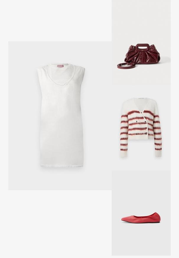 Cardigan raccourci en tissu blanc duveteux avec des rayures horizontales bordeaux, doté d'un col en V et d'une fermeture à double bouton. Manches et ourlet côtelés.; Robe blanche sans manches en tissu doux, avec un col rond et des détails décoratifs semblables à des perles sur la poitrine.; Filippa K REY FLATS - Ballerines - bright red; Petit sac à main en cuir rouge foncé avec texture froncée, poignée rectangulaire découpée pour la main et bandoulière détachable sur fond blanc.