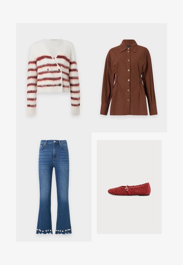 Cardigan raccourci en tissu blanc duveteux avec des rayures horizontales bordeaux, doté d'un col en V et d'une fermeture à double bouton. Manches et ourlet côtelés.; Chemise marron à manches longues avec boutons sur le devant, col large et détails de boucles latérales réglables, présentée sur un fond uni.; Jean en denim bleu moyen avec jambes évasées, ourlets effilochés et ornements décoratifs de perles et de fleurs le long des bords inférieurs.; Chaussure plate tissée rouge avec une petite sangle à boucle et un talon lisse, présentée sur un fond clair uni.