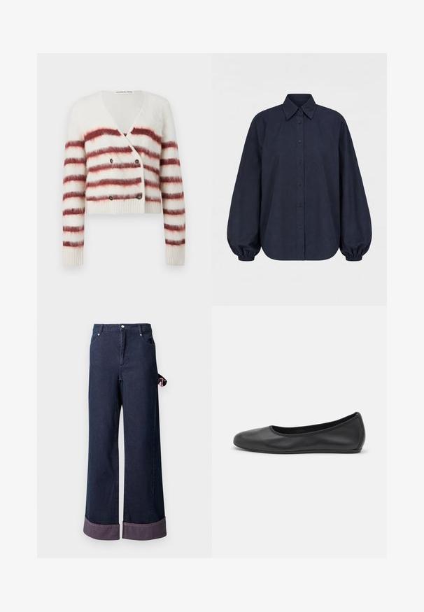 Cardigan raccourci en tissu blanc duveteux avec des rayures horizontales bordeaux, doté d'un col en V et d'une fermeture à double bouton. Manches et ourlet côtelés.; Chemise bleu marine foncé à manches longues, boutonnée, avec col pointu et poignets élastiques froncés sur fond blanc.; Pantalons en denim à jambes larges en coton bleu foncé avec un ourlet soigné, présentant une étiquette d'accent rose sur le côté et un design classique à cinq poches.; Ballerines en cuir noir avec un bout rond, texture lisse, détails de couture minimalistes et design de semelle flexible.
