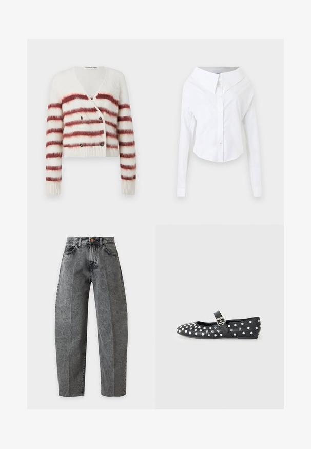 Afkortet cardigan i fluffy hvidt stof med maroon vandret striber, der har V-hals og dobbelte knaplukninger. Ribbestrikkede manchetter og kant.; Hvid langærmet skjorte med bar skulder, knapper, bred krave og buet kant på ensfarvet baggrund.; Grå højtaljede denimjeans med knaplukning, forlommer og lige, brede ben på en ensfarvet hvid baggrund.; Sorte læder flade sko med rund tå, prydet med sølvnitter i et prikket mønster og en spænde rem over vristen.