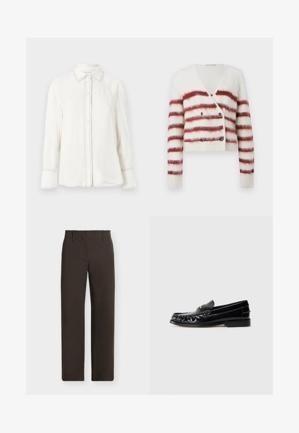 Cardigan raccourci en tissu blanc duveteux avec des rayures horizontales bordeaux, doté d'un col en V et d'une fermeture à double bouton. Manches et ourlet côtelés.; Chemise blanche à manches longues en tissu lisse avec un bouton à l'avant, un col pointu et des coutures noires contrastantes le long de la patte de boutonnage et des poignets.; Pantalon droit marron foncé avec passants pour ceinture et poches avant, présenté à plat sur un fond clair.; Mocassins en cuir noir avec un bout arrondi, des coutures décoratives et un petit accent doré sur le dessus. Semelle en caoutchouc plate, design épuré.