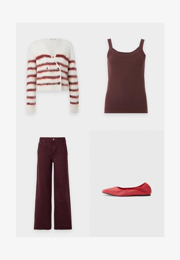 Afkortet cardigan i fluffy hvidt stof med maroon vandret striber, der har V-hals og dobbelte knaplukninger. Ribbestrikkede manchetter og kant.; Ærmeløs brun ribstrikket tanktop med firkantet udskæring og subtilt broderet logo foran i midten.; Bordeaux vide bukser med høj talje, metal knaplukning, forlommer og et glat, let tekstureret stof.; Filippa K REY FLATS - Ballerinasko - bright red