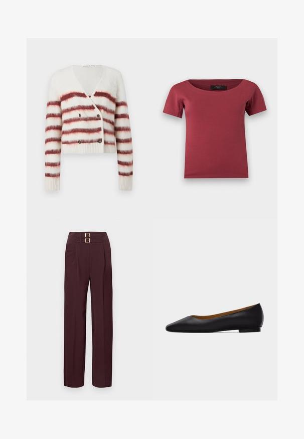 Korts cardigan i fluffy hvit stoff med maroon horisontale striper, med V-hals og dobbeltsidig lukking. Ribbestrikket mansjetter og kant.; Kortermet, mørkerosa kvinnebluse med bred rund hals og innsvinget fasong, lagt flatt på hvit bakgrunn.; Høytlivs mørke burgunderbukser med to gullspennestropper øverst og rette ben.; Svart skinnsko med spiss tå, flat såle og lav hæl, med glatt finish, vist fra siden på en lys grå bakgrunn.