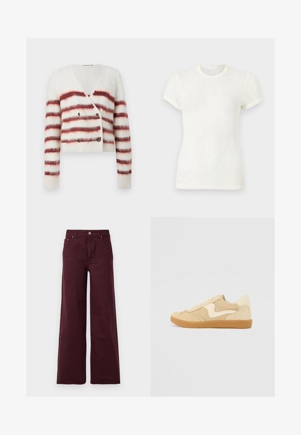Geknipte cardigan van pluizig witte stof met kastanjebruine horizontale strepen, voorzien van een V-hals en dubbele knoopsluiting. Ribgebreide manchetten en zoom.; Witte, geribbelde, korte mouw T-shirt met ronde halslijn en licht opgeblazen mouwen.; Bordeaux wijd-uitlopende jeans met een hoge taille, metalen knoopsluiting, voorzakken en een gladde, iets gestructureerde stof.; Beige sneaker van suede en mesh materialen, ronde vorm, opvallende gepolsterde kraag en een gumrubberen zool. Kenmerkt zich door een golvend ontwerp accent.