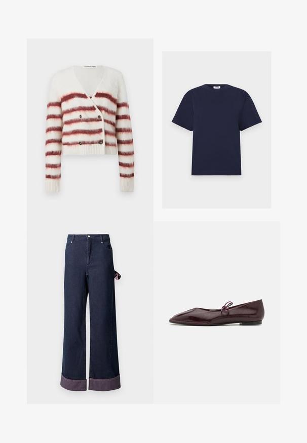 Cardigan raccourci en tissu blanc duveteux avec des rayures horizontales bordeaux, doté d'un col en V et d'une fermeture à double bouton. Manches et ourlet côtelés.; T-shirt bleu marine à manches courtes avec col rond, ourlet droit et petite étiquette de marque blanche à l'intérieur du col.; Pantalons en denim à jambes larges en coton bleu foncé avec un ourlet soigné, présentant une étiquette d'accent rose sur le côté et un design classique à cinq poches.; Ballerines en cuir verni bordeaux avec un bout pointu et un nœud décoratif violet sur le cou-de-pied ; design à semelle plate.
