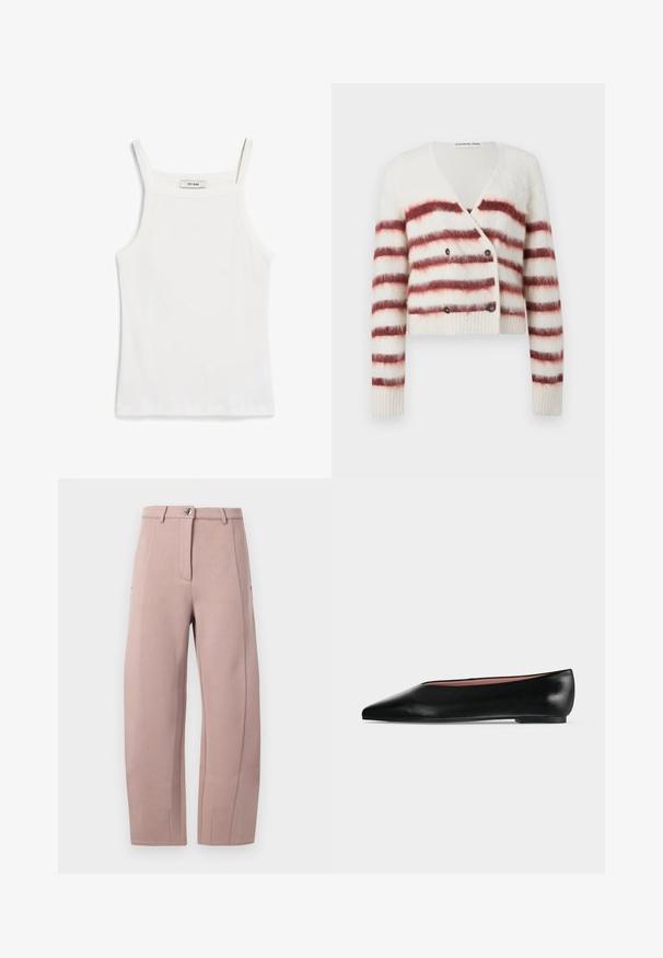 Geknipte cardigan van pluizig witte stof met kastanjebruine horizontale strepen, voorzien van een V-hals en dubbele knoopsluiting. Ribgebreide manchetten en zoom.; Witte tanktop met dunne banden, gemaakt van ribkatoenen stof, met een rechte halslijn en een nette afwerking aan de zoom.; Broek in zacht, lichtroze stof met een rechte snit, voorzien van een voorrits, een knoopsluiting en zijzakken. Glad textuur met naden details.; Zwarte leren damesschoen met platte zool, puntige neus en lage hak, zijwaarts afgebeeld tegen een effen lichtgrijze achtergrond.