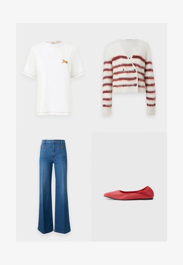 Cardigan raccourci en tissu blanc duveteux avec des rayures horizontales bordeaux, doté d'un col en V et d'une fermeture à double bouton. Manches et ourlet côtelés.; T-shirt blanc à manches courtes avec coutures orange et petit cheval brodé orange sur le côté gauche de la poitrine, col rond.; Jean bleu taille haute à jambes larges avec poches plaquées à l'avant et boutons décoratifs sur fond uni.; Filippa K REY FLATS - Ballerines - bright red