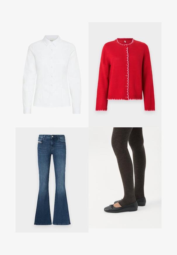 Cardigan rouge tricoté avec un col rond, des bords festonnés roses, une fermeture à boutons sur le devant et des manches longues. Texture lisse, coupe décontractée.; Chemise blanche à boutons, en tissu lisse. Présente des manches longues, un col classique et six boutons à l'avant avec une coupe ajustée.; Jeans évasés bleu foncé avec une taille ajustée, un design à cinq poches, une légère décoloration sur les cuisses et une fermeture à bouton métallique à la taille.; Jambes portant des leggings côtelés foncés associés à des ballerines noires avec de petits détails en nœud sur fond blanc.