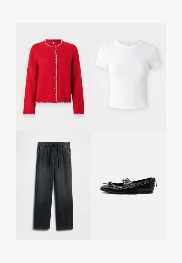 Rode gebreide cardigan met een ronde kraag, roze geschulpte randen, knoopsluiting aan de voorkant en lange mouwen. Gladde textuur, casual pasvorm.; Effen witte cropped t-shirt met korte mouwen en ronde hals, weergegeven op een neutrale lichte achtergrond.; Zwarte spijkerbroek met een elastische tailleband met trekkoord, wijde pijpen en subtiele vervaagde details. Inclusief twee zijzakken.; Zwarte platte balletschoen met dubbele gespsluitingen, zilveren oogjes en een klein strikje nabij de afgeronde neus op een witte achtergrond.
