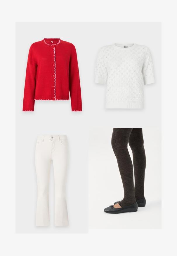 Rød strikket cardigan med rund krave, lyserøde bølgede kanter, knaplukning foran og lange ærmer. Glat tekstur, afslappet pasform.; Hvid kortærmet strikket sweater med kabelmønster, rund halsudskæring og ribbet kant. Fremstillet af et let, tekstureret stof.; Hvide flaired jeans lavet af denim med en tætsiddende talje, fem lommer og en lynlåslukning foran. Glat tekstur og et rent design.; Ben iført mørke ribbede leggings kombineret med sorte balletsko med små sløjfedetaljer på hvid baggrund.
