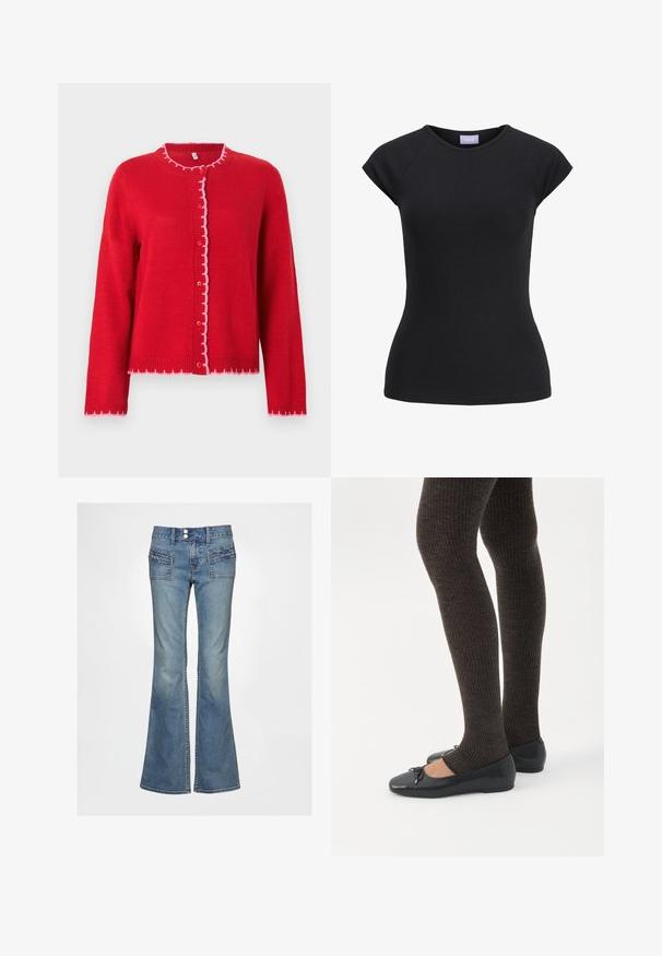 Cardigan rouge tricoté avec un col rond, des bords festonnés roses, une fermeture à boutons sur le devant et des manches longues. Texture lisse, coupe décontractée.; T-shirt noir ajusté à manches courtes avec encolure ronde et étiquette de marque violette à l'intérieur du col.; Jeans en denim bleu évasés avec une taille haute, deux poches avant à détails texturés, et une fermeture traditionnelle à boutons.; Jambes portant des leggings côtelés foncés associés à des ballerines noires avec de petits détails en nœud sur fond blanc.