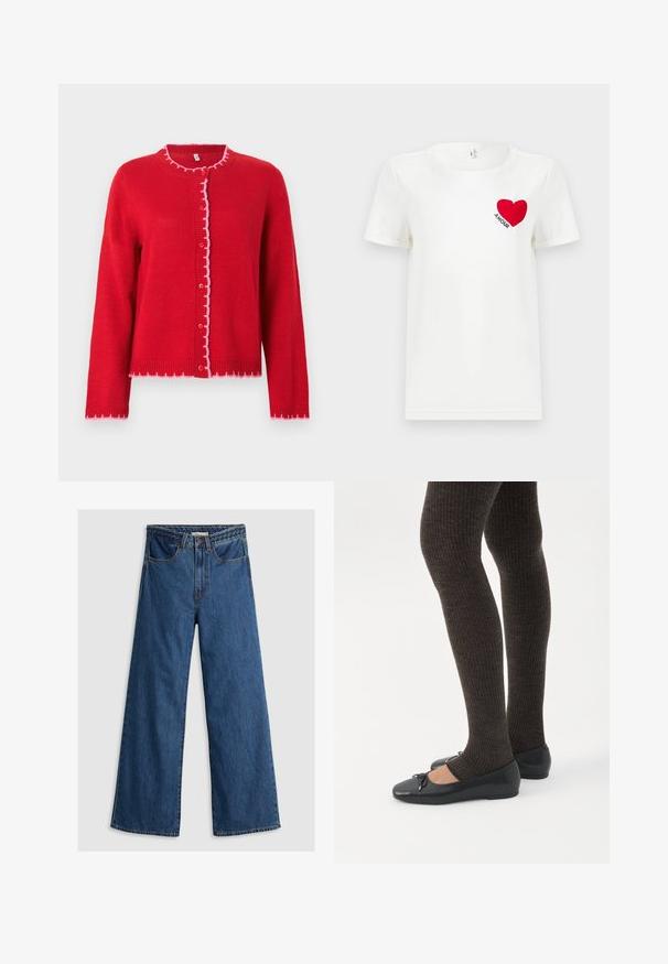 Rød strikket cardigan med rund krave, lyserøde bølgede kanter, knaplukning foran og lange ærmer. Glat tekstur, afslappet pasform.; Hvid T-shirt med korte ærmer, prydet med et rødt hjerte og ordet "AMOUR" trykt på venstre bryst.; Bredde ben blå denim jeans med høj talje, der har et klassisk fem-lomme design og en tekstureret taljebånd.; Ben iført mørke ribbede leggings kombineret med sorte balletsko med små sløjfedetaljer på hvid baggrund.