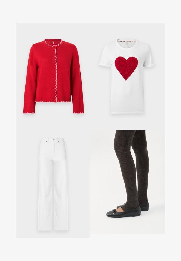 Rode gebreide cardigan met een ronde kraag, roze geschulpte randen, knoopsluiting aan de voorkant en lange mouwen. Gladde textuur, casual pasvorm.; Wit katoenen T-shirt met een rood hart met textuur in het midden, voorzien van een ronde hals en korte mouwen.; Witte wijde spijkerbroeken van denim, met een sluiting aan de voorkant met knopen, riemlussen en vier zakken met een schone, gladde textuur.; Benen met donkere geribbelde leggings gecombineerd met zwarte ballerina's met kleine strikdetails op een witte achtergrond.