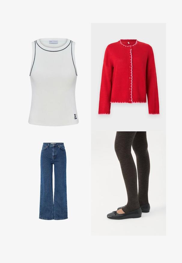 Rode gebreide cardigan met een ronde kraag, roze geschulpte randen, knoopsluiting aan de voorkant en lange mouwen. Gladde textuur, casual pasvorm.; Witte geribde tanktop met een hoge halslijn en marineblauwe accenten langs de randen. Bevat een klein logo op de onderste rechterzijde. Rekbare stof.; Hoge taille blauwe denim jeans met brede pijpen, voorzien van een traditionele vijf-pocket ontwerp, metalen knoopsluiting en contrasterende stiksels.; Benen met donkere geribbelde leggings gecombineerd met zwarte ballerina's met kleine strikdetails op een witte achtergrond.
