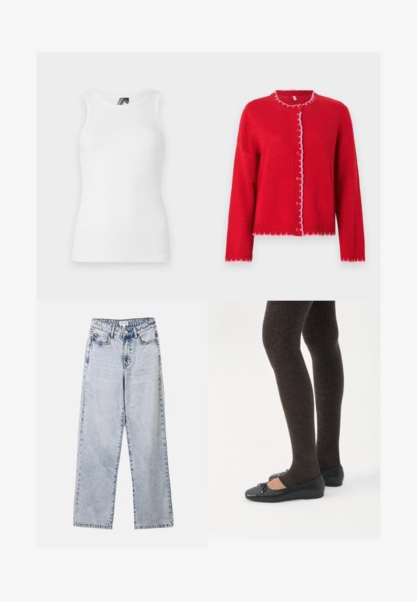 Rød strikket cardigan med rund krave, lyserøde bølgede kanter, knaplukning foran og lange ærmer. Glat tekstur, afslappet pasform.; Hvid ribbet tanktop med rund halsudskæring og ærmeløst design, lavet af en blød bomuldsblanding med en tætsiddende silhuet.; Lysblå lige ben jeans lavet af denim, med to frontlommer, en knaplukning og kontraststing langs sømmene.; Ben iført mørke ribbede leggings kombineret med sorte balletsko med små sløjfedetaljer på hvid baggrund.