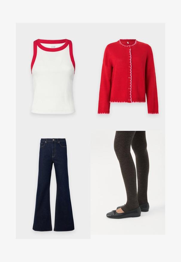 Cardigan rouge tricoté avec un col rond, des bords festonnés roses, une fermeture à boutons sur le devant et des manches longues. Texture lisse, coupe décontractée.; Débardeur blanc côtelé avec des bordures rouges au niveau du cou et des emmanchures. Présente une coupe ajustée et un ourlet droit. Tissu texturé. Logo de la marque visible.; Jean en denim bleu foncé évasé, doté d'une taille haute, de poches avant et de surpiqûres dorées. Texture douce avec une coupe traditionnelle.; Jambes portant des leggings côtelés foncés associés à des ballerines noires avec de petits détails en nœud sur fond blanc.