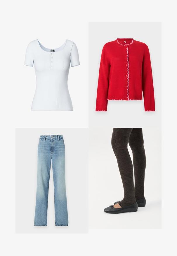Rode gebreide cardigan met een ronde kraag, roze geschulpte randen, knoopsluiting aan de voorkant en lange mouwen. Gladde textuur, casual pasvorm.; Lichtblauw geribbeld T-shirt met korte mouwen en een ronde halslijn, voorzien van een vijfknopenplacket aan de voorkant. Zachte, rekbare stof met een aansluitende pasvorm.; Good American GOOD CARPENTER - Wide leg - indigo; Benen met donkere geribbelde leggings gecombineerd met zwarte ballerina's met kleine strikdetails op een witte achtergrond.
