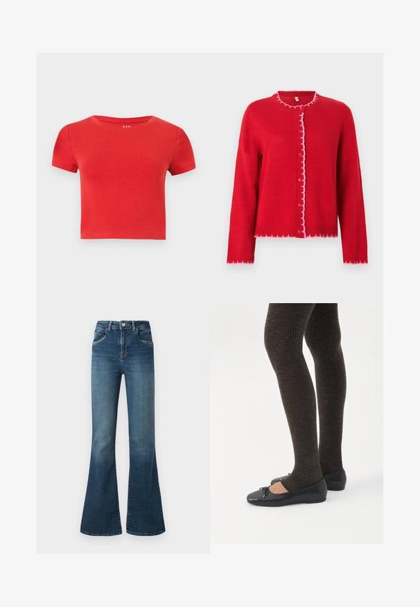Cardigan rouge tricoté avec un col rond, des bords festonnés roses, une fermeture à boutons sur le devant et des manches longues. Texture lisse, coupe décontractée.; T-shirt rouge en coton à manches courtes avec un col rond et une coupe ajustée. Texture lisse avec un minimum de détails.; Jeans en denim bleu évasés présentant une taille haute, un léger délavage, cinq poches et des coutures contrastées. Fabriqués en tissu en coton extensible.; Jambes portant des leggings côtelés foncés associés à des ballerines noires avec de petits détails en nœud sur fond blanc.