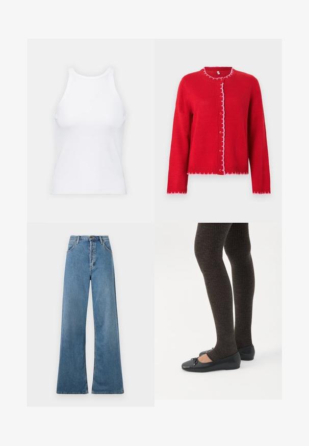 Rød strikket cardigan med rund krave, lyserøde bølgede kanter, knaplukning foran og lange ærmer. Glat tekstur, afslappet pasform.; Hvid ærmeløs tanktop lavet af ribbet stof, med en rund halsudskæring og en tætsiddende silhuet, med minimale sømme og ingen pynt.; Lyseblå vid bukser med høj talje, der har forlommer og lynlås, vist mod en hvid baggrund.; Ben iført mørke ribbede leggings kombineret med sorte balletsko med små sløjfedetaljer på hvid baggrund.