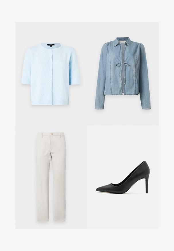 Cardigan court bleu clair à manches courtes en tissu souple et texturé. Doté d'un col rond et d'une fermeture à boutons sur le devant composée de six boutons.; Veste en denim bleu clair à manches longues, avec un lien de fermeture à l'avant et des détails de couture délicats. Dotée d'un col classique et d'une coupe droite.; Pantalons beiges à jambes droites avec passants de ceinture, fermeture à bouton à l'avant et braguette zippée sur fond blanc uni.; Escarpin noir à talon aigu, en cuir lisse, présentant un design élégant et un talon cylindrique fin.