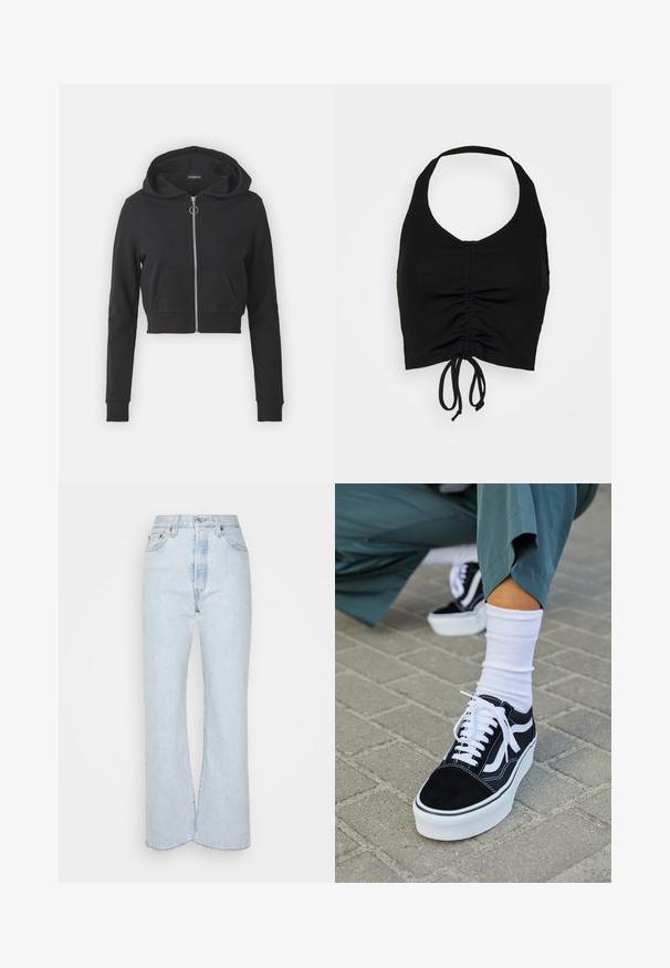 Must jaotatud kapuutsiga crop-top, mis on valmistatud pehmest kangast. Omab lukuga esist, suurt kapuutsi ja esist taskut. Pikkade varrukatega, millel on soonikud.; Even&Odd Topp - black; Heled sinine kõrge vöökohaga teksapüksid, millel on laiad sääred, valmistatud pleekinud tekstuuriga denimist. Sisaldab viit taskut ja metallist aksessuaare.; Mustjad sametist tennisjalanõud valgete aktsentide ja nööridega, millel on paks valge tald ja kontrastsed õmblused, koos valge sokiga.