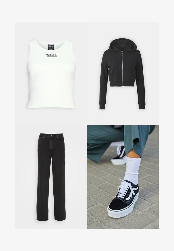 Zwarte cropped hoodie, gemaakt van zachte stof. Heeft een ritssluiting aan de voorkant, een grote capuchon en een voorzak. Lange mouwen met geribbelde manchetten.; Witte geribbelde cropped tanktop met een ronde hals en zwart "Von Dutch" logo in het midden. Gemaakt van rekbare katoenmix.; Zwarte rechte jeans met vijf zakken, een knoop aan de voorkant en riemlussen, weergegeven tegen een witte achtergrond.; Zwarte suède sneaker met witte accenten en veters, uitgerust met een dikke witte zool en contrasterende stiksels, gecombineerd met een witte sok.