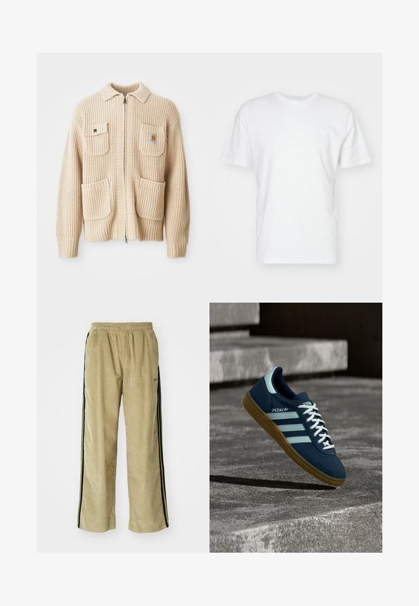 Beige gebreide cardigan met een kraag, volledige rits, twee voorzakken en een logopatch op de linkse zak; ribbelstructuur over het hele stuk.; Witte katoenen T-shirt met korte mouwen, ronde halslijn en een gladde textuur. Eenvoudig ontwerp zonder patronen of afbeeldingen.; Beige corduroy broek met een elastische tailleband, voorzien van zwarte zijstrepen. De stof heeft een ribbelstructuur, iets uitlopend aan de onderkant.; Blauwe Adidas Spezial sneaker met witte strepen en veters, gumzool, zwevend boven een ruwe betonnen oppervlakte en trappen op de achtergrond.