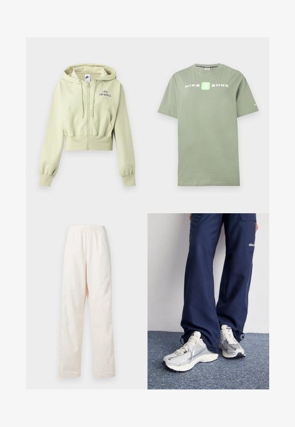 Hellgrüner, kurz geschnittener Zip-Hoodie mit Kordeln, Fronttaschen, gerippten Bündchen und "nike athletics" Logo auf der Brust.; Hellgrünes Baumwoll-T-Shirt mit kurzen Ärmeln, vorne mit dem "NIKE SHOX"-Logo in Weiß und Grün sowie einem kleinen Nike-Swoosh auf dem Ärmel.; Locker sitzende, crèmefarbene Hose mit elastischem Bund und geradem Beinschnitt, vor einem einfarbigen weißen Hintergrund präsentiert.; Nike Sportschuhe mit einem silbernen Mesh-Obermaterial, weißen Akzenten und strukturierten Sohlen, kombiniert mit locker sitzenden marineblauen Hosen.