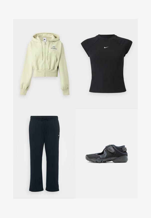 Lysegrøn cropped hættetrøje med lynlås, snore, frontlommer, ribstrikkede manchetter og "nike athletics" logo på brystet.; Sort top med korte ærmer i ribbet tekstur, med rund halsudskæring og lille hvid Nike-logo på brystet.; Sorte sweatpants med elastisk talje og justerbar snor. Har et lille hvidt Nike-logo på venstre side. Blød stofstruktur.; Sort sportssko med mesh-overdel, to justerbare velcroremme og polstret sål designet til komfort og fleksibilitet.
