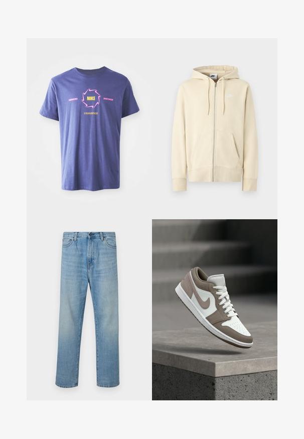 Cremefarvet hættejakke med lynlås, forlomme, snøre i hætten og et lille hvidt logo på venstre bryst. Blødt bomuldsblandingsmateriale med glat tekstur.; Lilla bomulds T-shirt med korte ærmer, der har et dristigt grafisk design. Inkluderer "Nike" i gult inden i en lyserød virvel og tekst accenter.; Lyseblå straight-leg jeans med fem lommer og knappelukning, vist fladt på en hvid baggrund.; Hvid og taupe lavtaske sneaker med snørebånd, mellemsål og Nike-logo hævet over en betonbalkon med trapper i baggrunden.