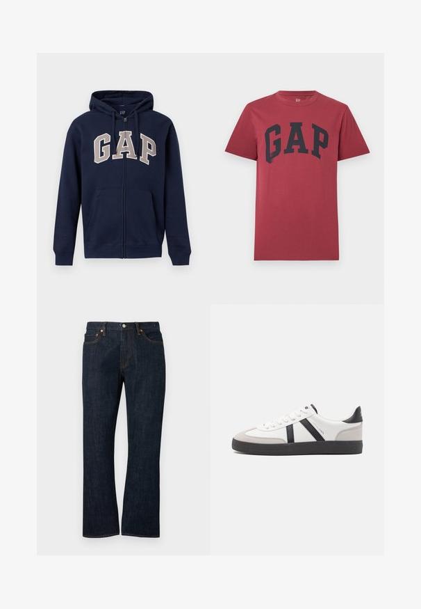 Sweat à capuche zippé bleu marine avec poches avant, capuche ajustable et grandes lettres beige "GAP" sur la poitrine.; T-shirt rouge à manches courtes avec col rond et grand texte noir "GAP" centré sur la poitrine.; Jean droit en denim bleu foncé avec poches avant, rivets en cuivre et fermeture par bouton.; Baskets blanches avec des accents noirs et gris, présentant un embout texturé gris, une semelle en caoutchouc noir et des lacets plats blancs. Design épuré, style minimaliste.