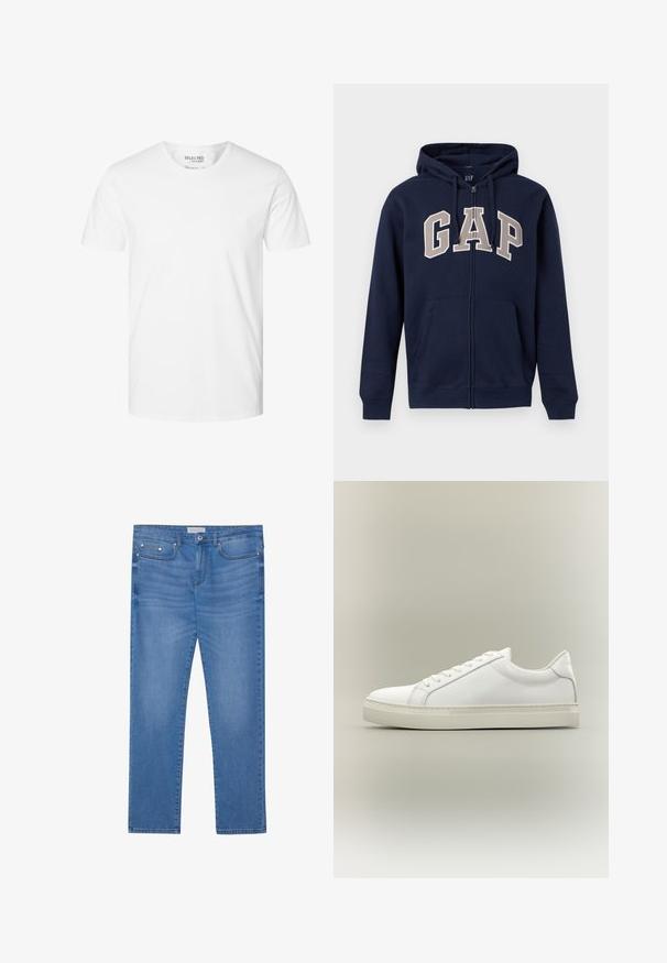 Sudadera con capucha azul marino con cremallera, bolsillos frontales, capucha ajustable y grandes letras beige "GAP" en el pecho.; Camiseta blanca lisa de manga corta con cuello redondo, hecha de algodón orgánico, con etiqueta Selected Homme, talla grande.; Jeans de mezclilla azul claro con corte recto, diseño de cinco bolsillos, un ligero desgaste y detalles en metal en la cintura y los bolsillos.; Zapatilla blanca de perfil bajo con cordones en la parte delantera y suela gruesa, mostrada de lado sobre un fondo neutro.