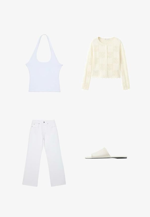 Cardigan tricoté de couleur crème à manches longues avec boutons sur le devant, motif ajouré délicat, bords festonnés et col rond.; Haut sans manches blanc en tissu doux avec un large décolleté et des emmanchures allongées, présentant une texture lisse et un design minimaliste.; Jean droit blanc avec cinq poches, passants de ceinture et fermeture avant par bouton et zip, posé à plat sur un fond blanc.; Sandale blanche à enfiler avec une large bride unique et une semelle plate, vue de côté sur fond blanc.