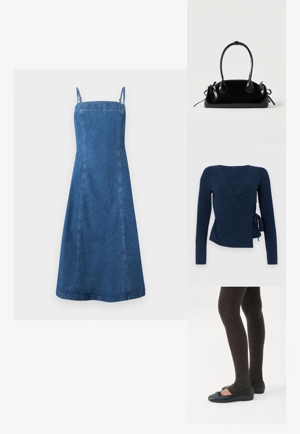 Haut en wrap à manches longues de couleur marine, fabriqué en tissu doux, avec un col en V, fermeture par lien sur le côté et une coupe décontractée. Texture lisse avec des coutures minimales.; Robe midi en denim bleu avec fines bretelles, encolure carrée et corsage ajusté s'évasant légèrement vers l'ourlet.; Jambes portant des leggings côtelés foncés associés à des ballerines noires avec de petits détails en nœud sur fond blanc.; Petit sac à main noir brillant avec deux longues anses et des détails à cordon sur les côtés sur un fond clair uni.