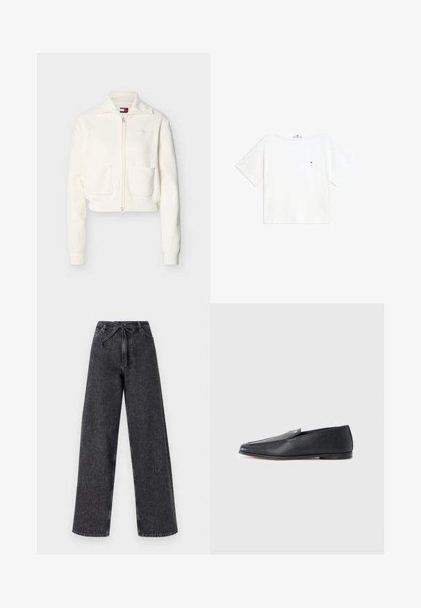 Cardigan blanc à fermeture éclair, avec deux poches frontales, poignets et ourlet côtelés, et un logo brodé subtil sur la poitrine.; T-shirt blanc à manches courtes et col rond avec un petit logo rouge, blanc et bleu sur la poitrine gauche et des revers de manches pliés.; Jean en denim noir taille haute et jambes larges avec une fermeture à cordon. Présente une texture délavée et des détails de couture subtils.; Mocassins en cuir noir à texture lisse, bout arrondi et détails de couture subtils. Ils présentent un accent logo doré sur le côté supérieur.
