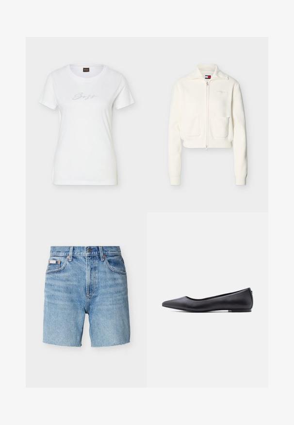 Cardigan blanc à fermeture éclair, avec deux poches frontales, poignets et ourlet côtelés, et un logo brodé subtil sur la poitrine.; T-shirt blanc ajusté à manches courtes avec encolure ronde et logo "Boss" en strass centré sur la poitrine.; Shorts en denim bleu clair avec fermeture par bouton et fermeture éclair, passants pour ceinture, poches avant, et petite étiquette de marque sur la poche gauche.; Chaussure plate en cuir noire à bout pointu avec petit talon, vue de profil sur fond blanc.