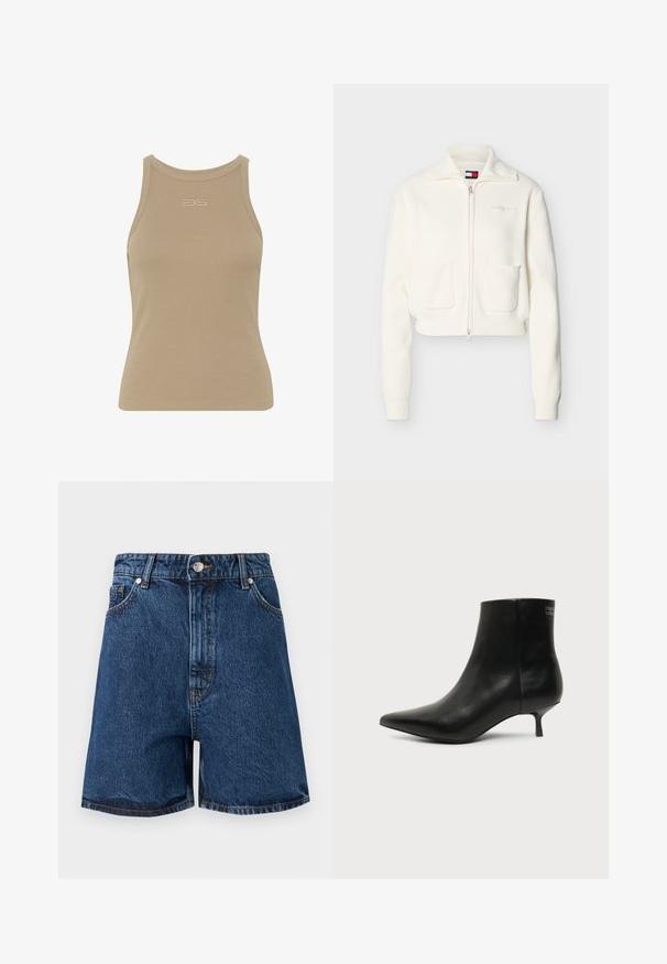 Weißer Reißverschluss-Cardigan mit zwei Fronttaschen, gerippten Bündchen und Saum sowie einem dezenten, aufgestickten Logo auf der Brust.; Beige gerippter Tanktop mit rundem Ausschnitt, ärmellosem Design und kleinem geprägtem Logo in der Mitte der Vorderseite. Weiche Stoffstruktur.; Hoch taillierte blaue Jeansshorts mit vorderer Knopfleiste, Reißverschluss, Gürtelschlaufen und Vordertaschen vor einfarbigem Hintergrund.; Schwarzer Leder-Knöchel-Stiefel mit spitzer Spitze und niedrigem Kittenabsatz vor hellem Hintergrund, seitliche Ansicht.